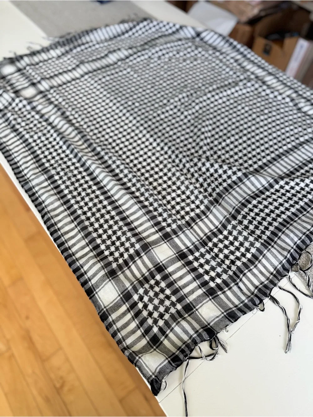 Vintage Black & White Plaid Woven Fringe Large Square Scarf Wrap